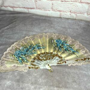 Vintage Mother of Pearl Lace Hand Painted Fan French